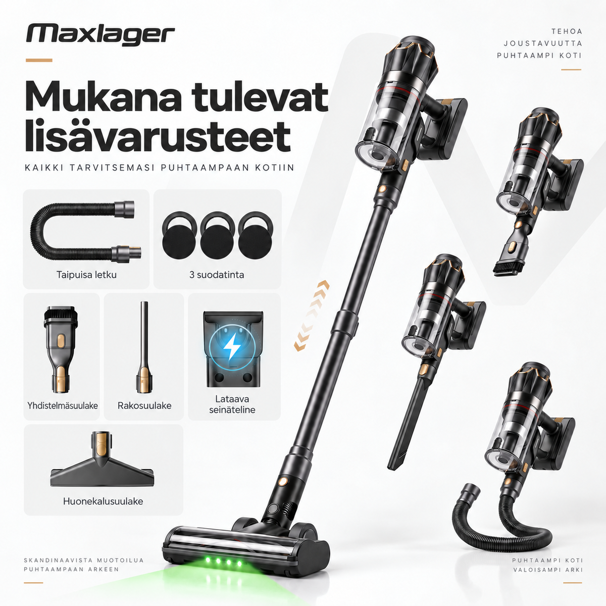 Maxlager V30 Pro – Johdoton imuri 800 W, 75 kPa ja jopa 95 min akunkesto
