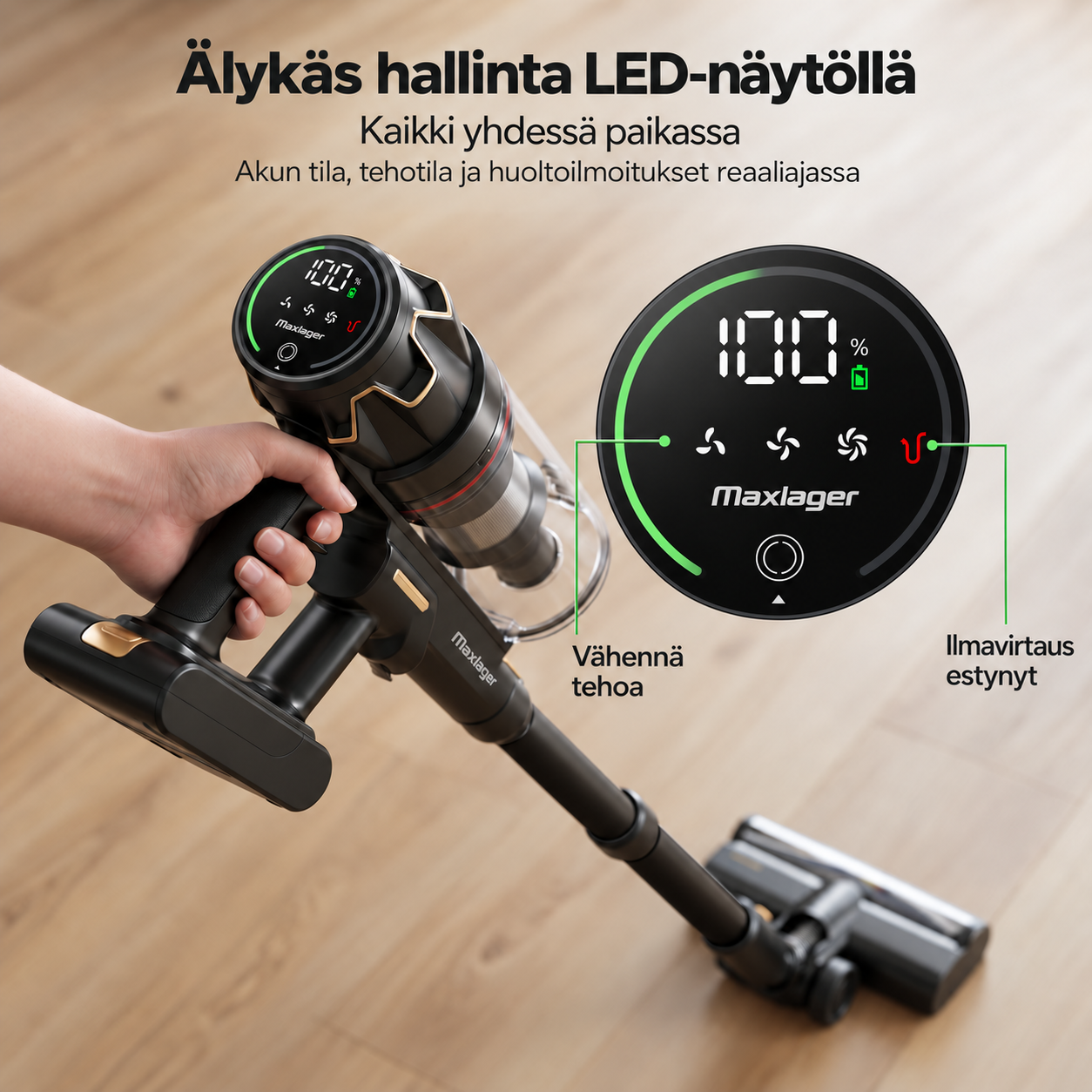 Maxlager V30 Pro – Johdoton imuri 800 W, 75 kPa ja jopa 95 min akunkesto
